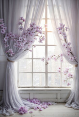 Serene Purple Wisteria Window: Light-Filtered Curtains Backdrop