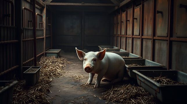 A forlorn pig sits alone in a dimly lit, rusty farm pen, surrounded by empty food troughs and worn-out hay, conveying a sense of neglect and sorrow.