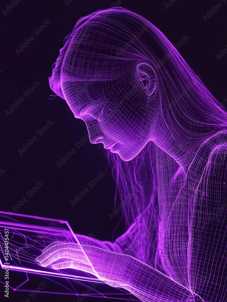 Poster wireframe representation of a person using a laptop