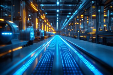 Obraz premium Blue glowing hologram lines, factory hall.