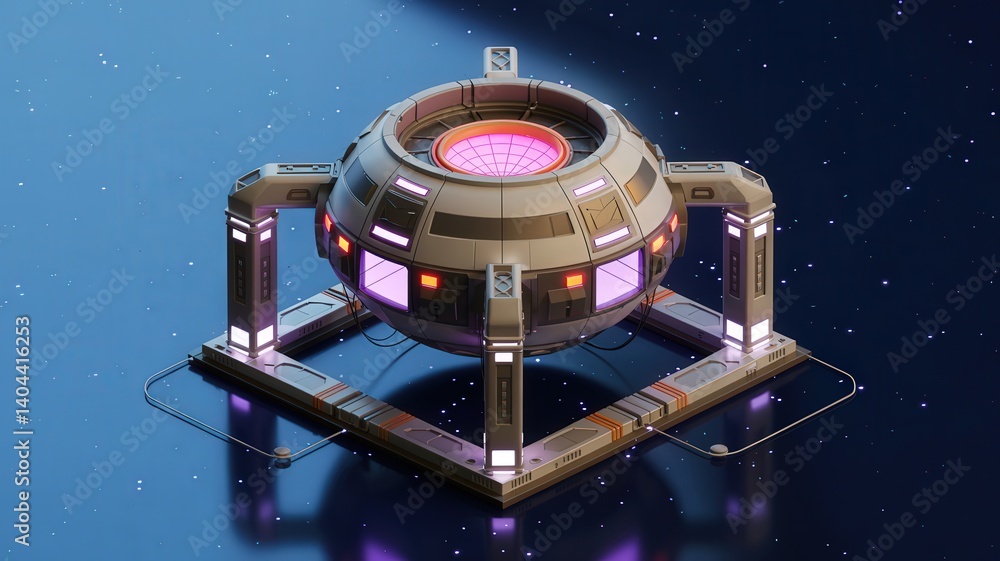 Poster a futuristic, spherical structure with glowing elements set against a cosmic backdrop, evoking advan