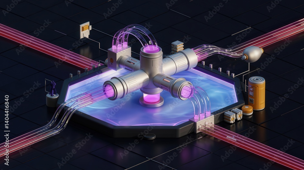 Poster a futuristic, hexagonal device with glowing tubes and components, showcasing advanced technology in 