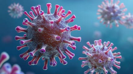 3D rendering of highly detailed coronavirus (COVID-19) structure with glowing particles, isolated on a clean blue gradient background showcasing scientific visualization and pandemic behavior concepts