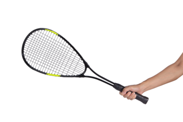 Hand holding squash racket isolated on white background.