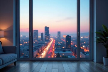 Blurred cityscape seen from window, empty room, view, interior