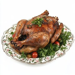 Roasted turkey garnished on plate on white background