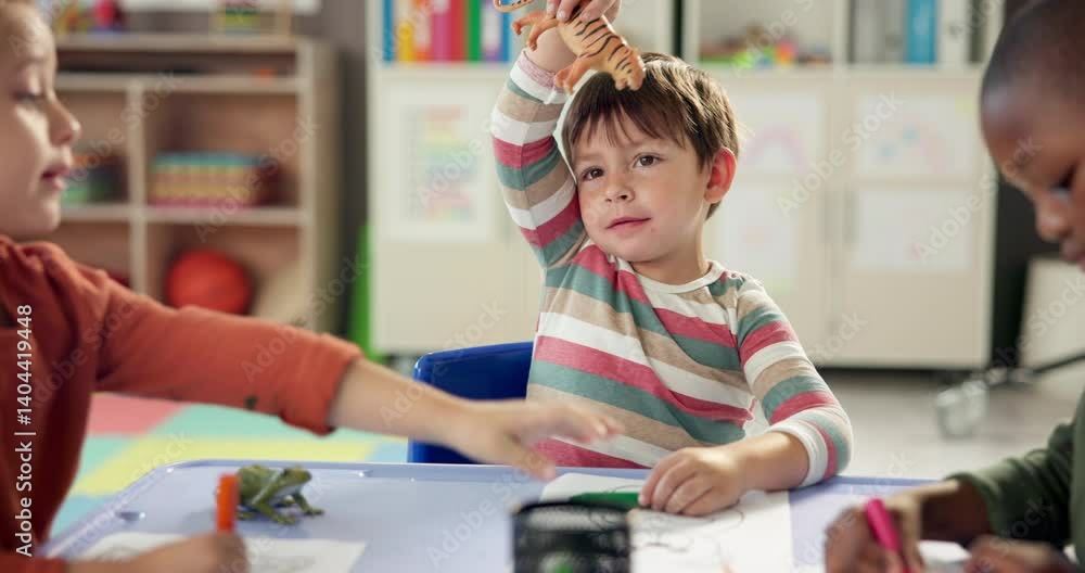 Poster children, school and playing with toys for collaboration, learning and development in classroom. kid