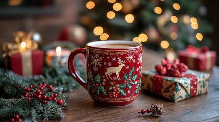 Fototapeta premium Holiday Scene with Red Mug, Snowflakes, and Wrapped Presents