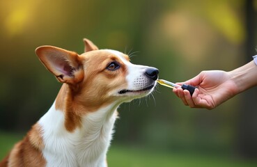 Hand gives dog CBD oil. Woman uses dropper pipette to give hemp oil for pet health. Alternative medicine, stress relief for animals, natural therapy for anxiety, pain.