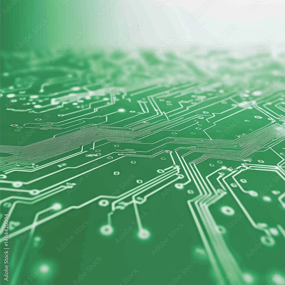Poster close-up of a green printed circuit board with intricate electronic pathways