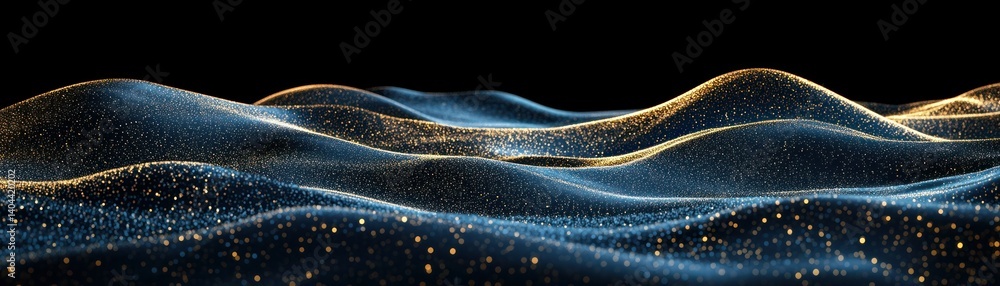 Poster abstract image representing flowing waves with glowing particles on black background