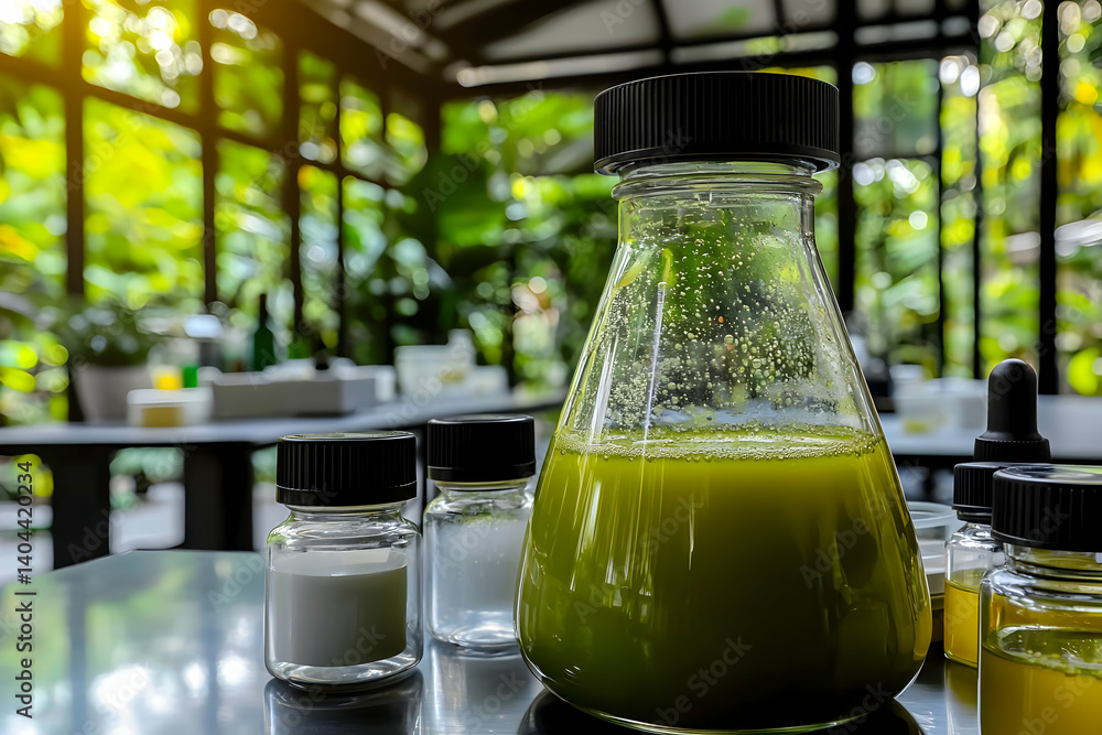 Poster botanical extract research: lab setting with green liquid in erlenmeyer flask