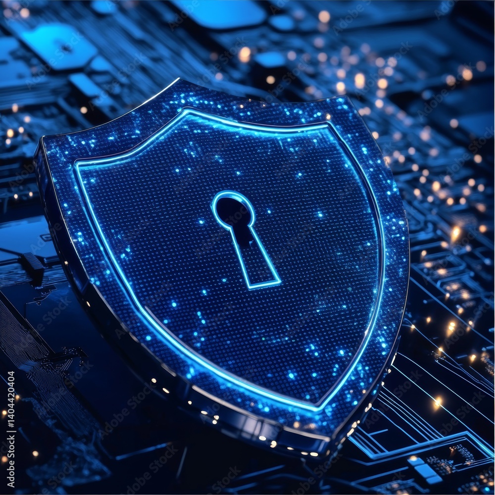 Poster digital shield with keyhole on circuit board background
