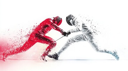 Dynamic Fencing Duel: A Red and White Blur of Motion