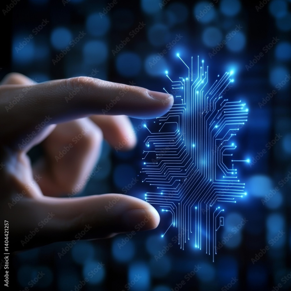 Poster hand interacting with a digital circuit board representation