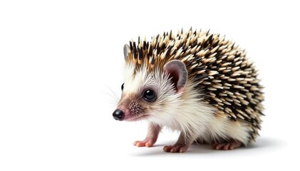 Naklejka premium Tiny hedgehog isolated on pure white background, curled in ball , detail, closeup