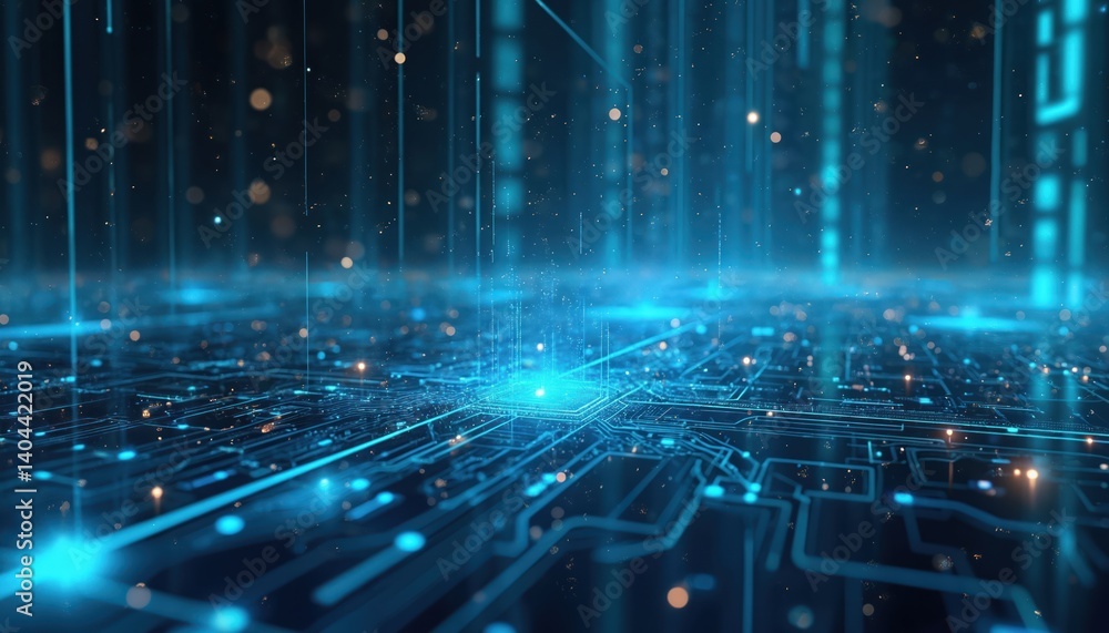 Aufkleber Abstract tech background. Digital data flow. Circuit board with glowing light trails, futuristic digital network. Concept of artificial intelligence, data processing, innovation, internet connection,