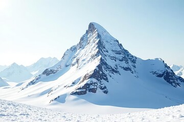 Snow covered mountain peak against bright white sky, peak, high resolution