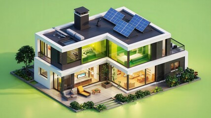 A modern, eco-friendly house featuring solar panels, large windows, and lush landscaping, showcasing a blend of style and sustainability.