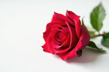 Single rose petal unfolded on crisp white background, delicate, rose