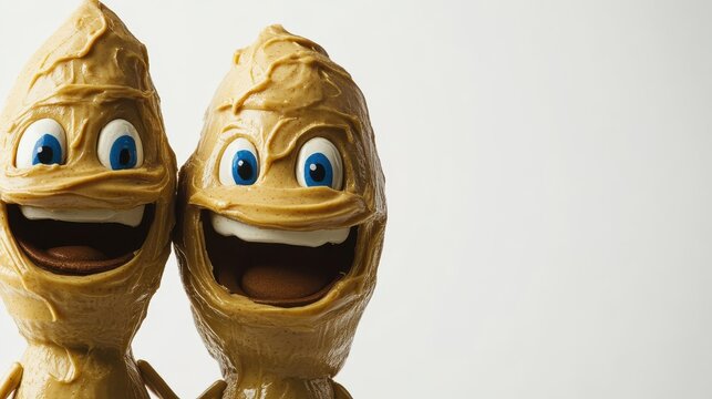 Cheerful cartoon characters made from peanut butter with expressive blue eyes and wide smiles