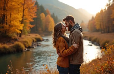 Romantic couple embraces in autumn forest near river, mountains. Man, woman enjoy travel, hiking, vacation together, feeling love, happiness. Golden leaves, sunshine create inspiring mood, joyful