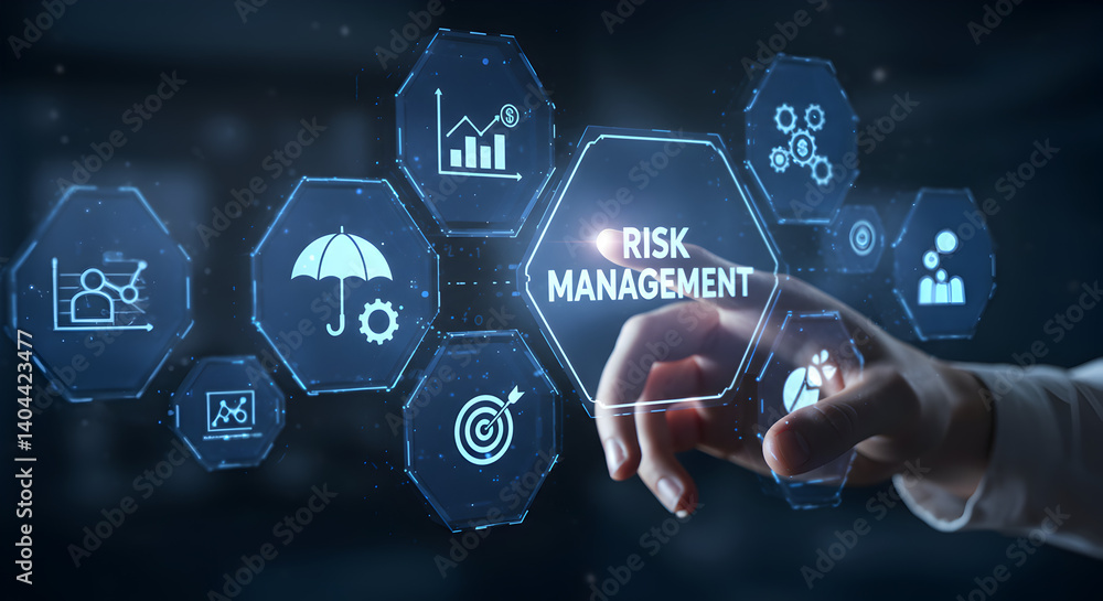 Poster risk management strategy with futuristic glowing hexagon interface and touching finger in dark backg