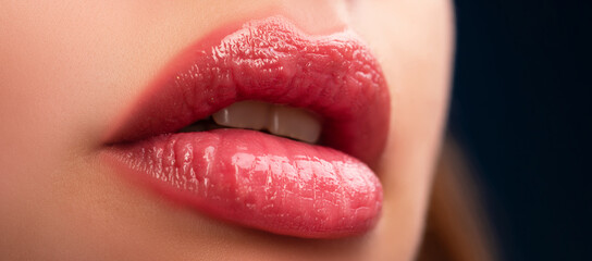Sexy seduction woman lips. Passion lip close-up. Sensual mouth expression. Red lips with desire. Glossy lips seduction. Sexy seduction woman lips, passion lip, sensual mouth.