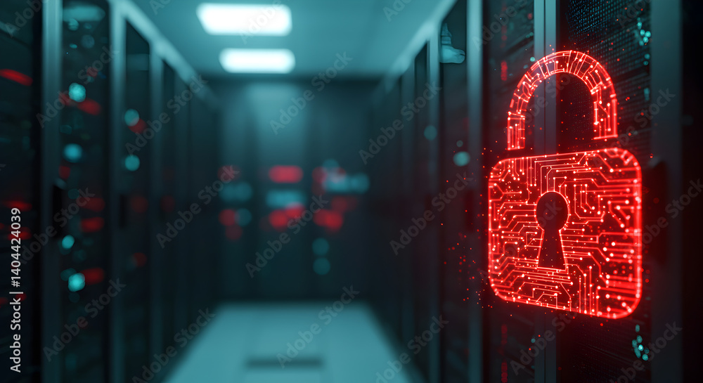 Poster red digital padlock protecting data security in server room with data storage and cybersecurity infr