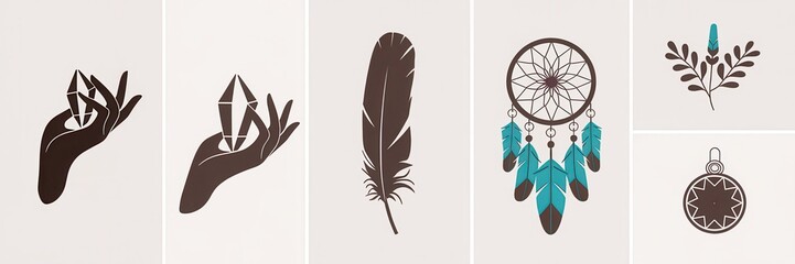 Bohemian Dreamcatcher and Crystal Collection:  A Set of Five Mystical and Spiritual Illustrations