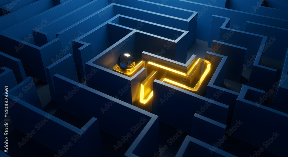 Poster navigating the blue maze finding a golden glowing path to success in a complex 3d rendered labyrinth