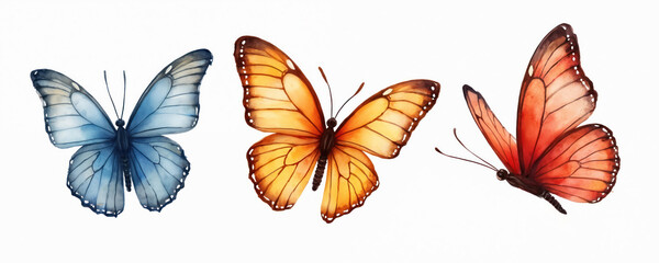 Hand painted watercolor illustration of butterflies on white background. Watercolor design of colorful butterflies for art. Pretty design for kind of print, decor, greeting card. Springtime, summer