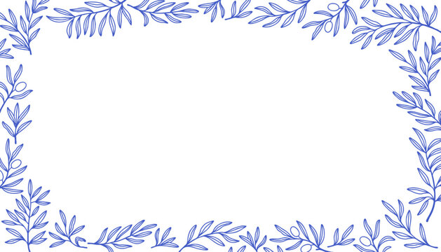 Branch rectangular border banner. Leaves and branches rectangular frame floral ornament. Line pattern background. Mediterranean blue outline stroke. Vector line.