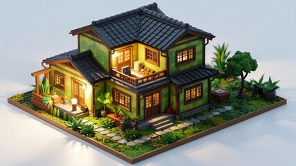 Obraz premium A detailed model of a cozy house with lush greenery and warm lighting, showcasing intricate design and landscaping elements.