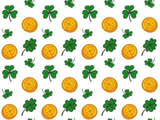 Seamless Pattern of green clovers and golden coins on a white background, ideal for St. Patrick’s Day projects, gift wrap, cards, fabric, and digital decor.