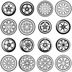 Sixteen distinct black and white rim designs in a structured arrangement vector silhouette line art Generative AI