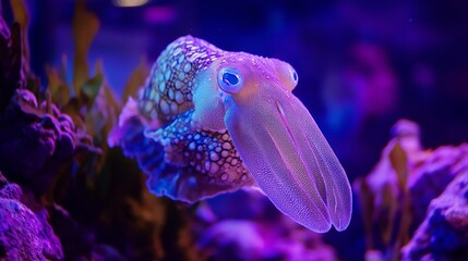 Fototapeta premium Vibrant Cuttlefish in Aquarium – Close-Up of Colorful Marine Creature Under Purple and Blue Lighting