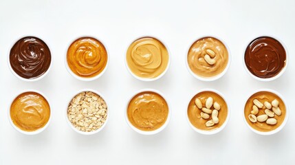 Various Types of Nut Butters and Spreads Displayed in Bowls on a White Background