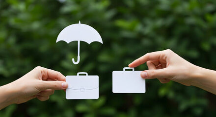 Hands Holding White Paper Cutouts of Umbrella and Briefcases Against Green Foliage