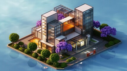 A modern architectural design featuring sleek glass structures surrounded by vibrant greenery and water.