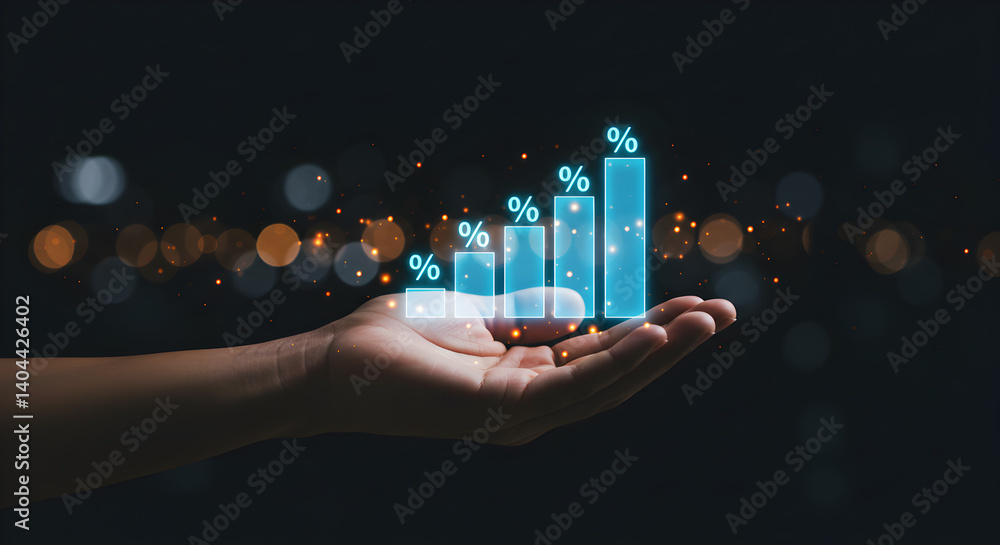 Poster hand displaying digital graph of financial growth with bokeh background representing business progre