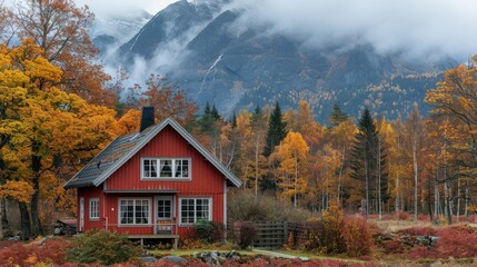 Fototapeta premium Autumn cabin nestled amidst colorful foliage, with misty mountains in the background.