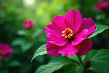 Obraz premium Bold fuchsia floral burst, swirling petals, lush greenery, spring, illustration