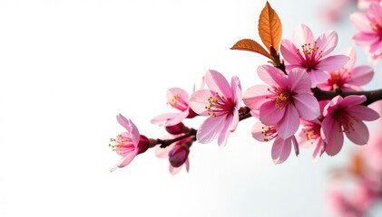 Branches of a flowering shrub on a plain white background, petals, branch