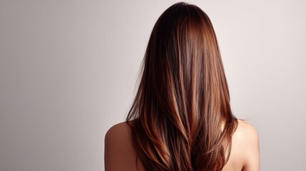 Naklejka premium Beautiful model girl with Brown hair strand,silky healthy chestnut wavy hair strand,hair wavy ribbon, with smooth,Keratin straightening,Treatment,straight long hair,procedures,Smooth hairstyle.