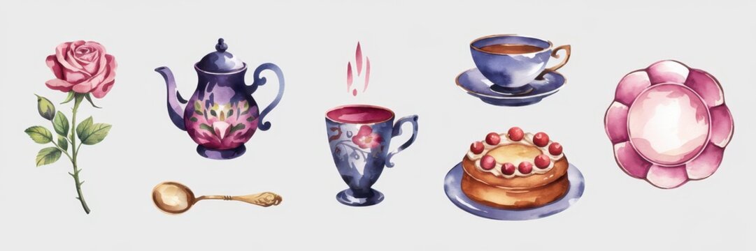 Watercolor Tea Party Still Life: Elegant Tea Set, Rose, and Cake