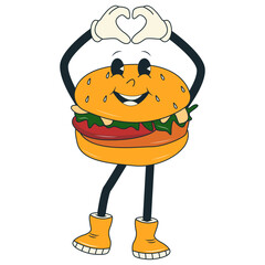 Burger Mascot in Groovy Cartoon Design. Vector Character Illustration.