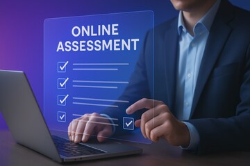 Online Assessment & Modern Education: A professional figure, hands-on the laptop, engaging with an 'online assessment' interface, signifies modern learning and digital educational progress.