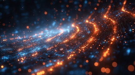 Dark blue background with glowing binary code and light rays, representing digital technology