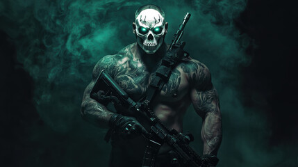 Muscular Man with Glowing Eyes and Rifle in Dark Fog